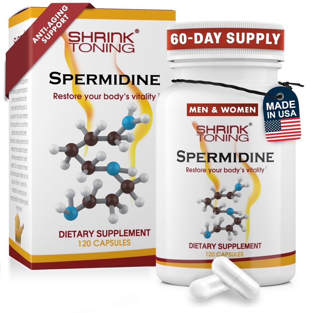Shrink Spermidina Supplements Skin & Anti-Aging Support – 120 Vegan Caps 100% Poliamina natural para homens e mulheres, Global Wellness – Não-GMO, EUA Made – com alta espermidina, zinco e tiamina