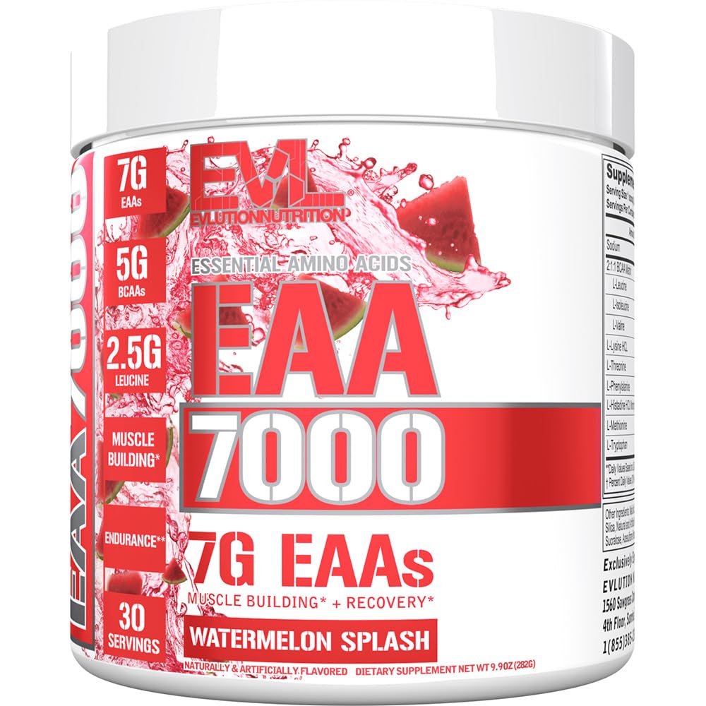 Nutrição Evlution EAA7000 - Pré e Pós Treino Pó - Muscle Building + Recuperação Suplemento - 7g Aminoácidos Essenciais + 5g BCAAs - Endurance + Suporte Energético - 30 Servões - Melancia Splash