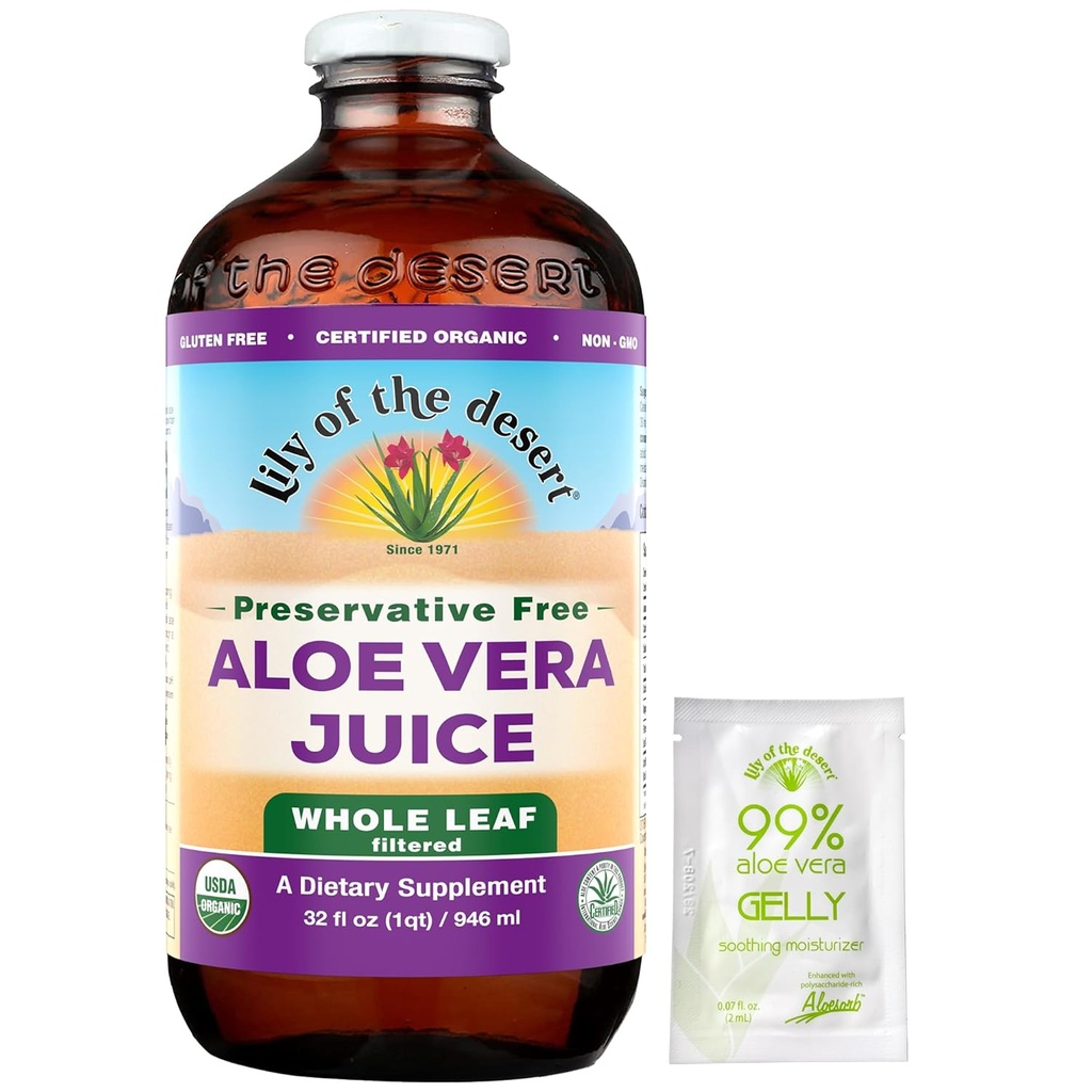 Lily Of the Desert Aloe Vera Juice, Conservative Free - Folha inteira Aloe Vera Bebida com vitaminas naturais, Enzimas Digestivas para Gut Health, Alívio estomacal, Bem-estar, Pele brilhante, Gelly Sachet incluído