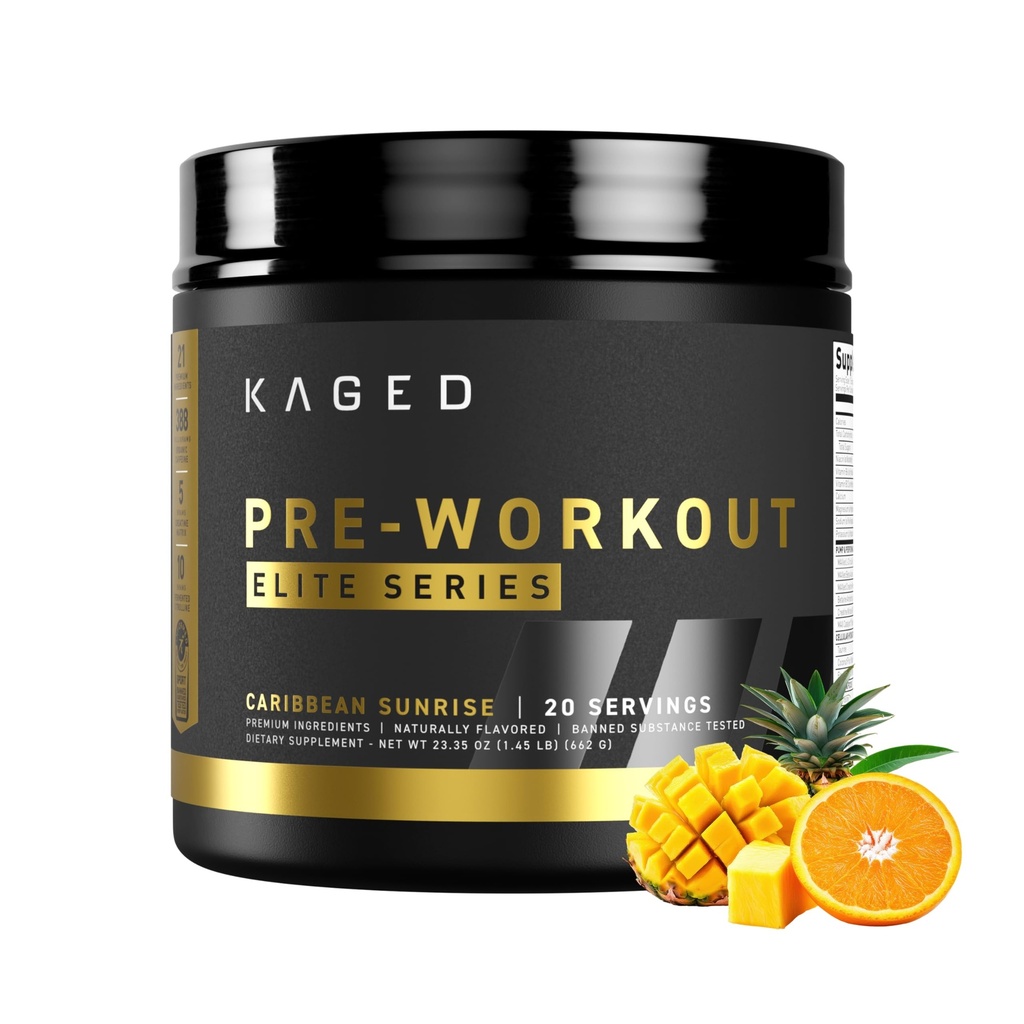 Pré-treino Kaged pó pré-treino Elite para homens e mulheres High Estimulante para energia, Foco, Bombas L-Citrulina, Beta Alanine, Creatina e 388mg de Cafeína orgânica Caribe Sunrise Servings