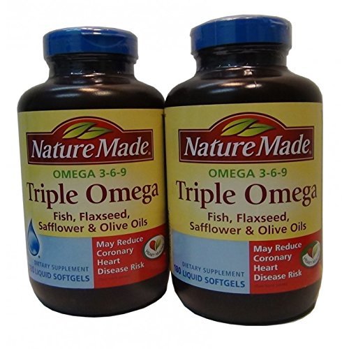 Natureza Made Triple Omega 3 6 9 - Peixe, Sementes de linho, Azeites de Safflower & Olive - 2 Garrafas, 180 Softgels Cada