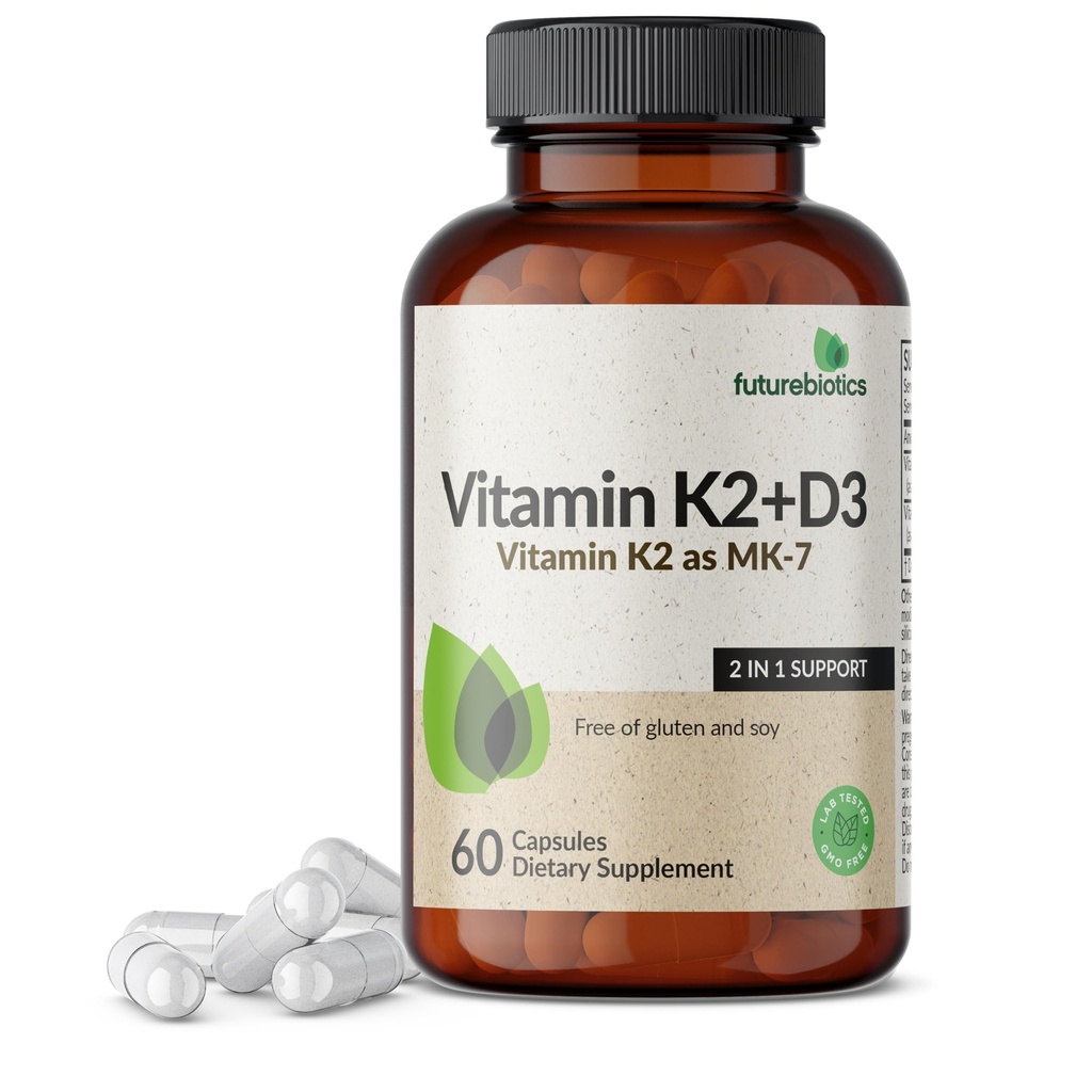 Futurobióticos Vitamina K2 (MK7) com Suplemento D3 - Fórmula não-GMO - 5000 UI Vitamina D3 & 90 mcg Vitamina K2 MK-7, 60 Cápsulas Vegetarianas