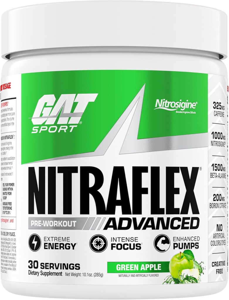 GAT SPORT Nitraflex Pó avançado pré-treino, aumenta o fluxo de sangue, aumenta a força e a energia, melhora o desempenho do exercício, livre de creatina (Apple Verde, 30 Servings)