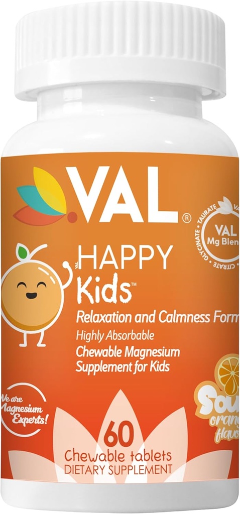 VEL Kids Magnésio + Calm + Focus Formula 100mg Mg (Glycinate, Citrato, Taurate) + B6, D3, C, sem açúcar, Não-GMO, Tablets mastigáveis divertidos