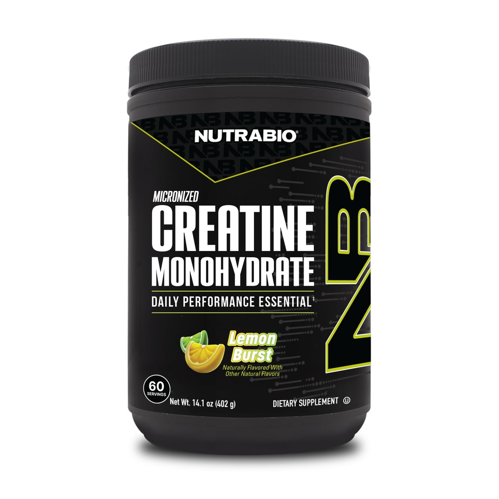 NutraBio Puro Micronized Creatina Monohidrato em pó Suplemento, Lemon Burst, (300 g) - Suporta Bulk Muscle Energia, Recuperação e Força - HPLC Testado Creatina em pó Suplemento para homens e mulheres