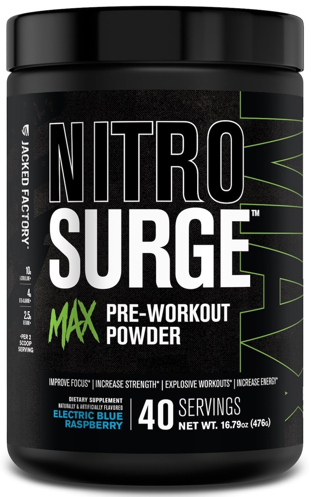 Fábrica Jacked Nitrosurge Pó pré-treino de alto desempenho Max - pré-treino w / ingredientes nootrópicos para foco intenso, bombas, energia suave, resistência - 40 Servings, framboesa azul elétrica