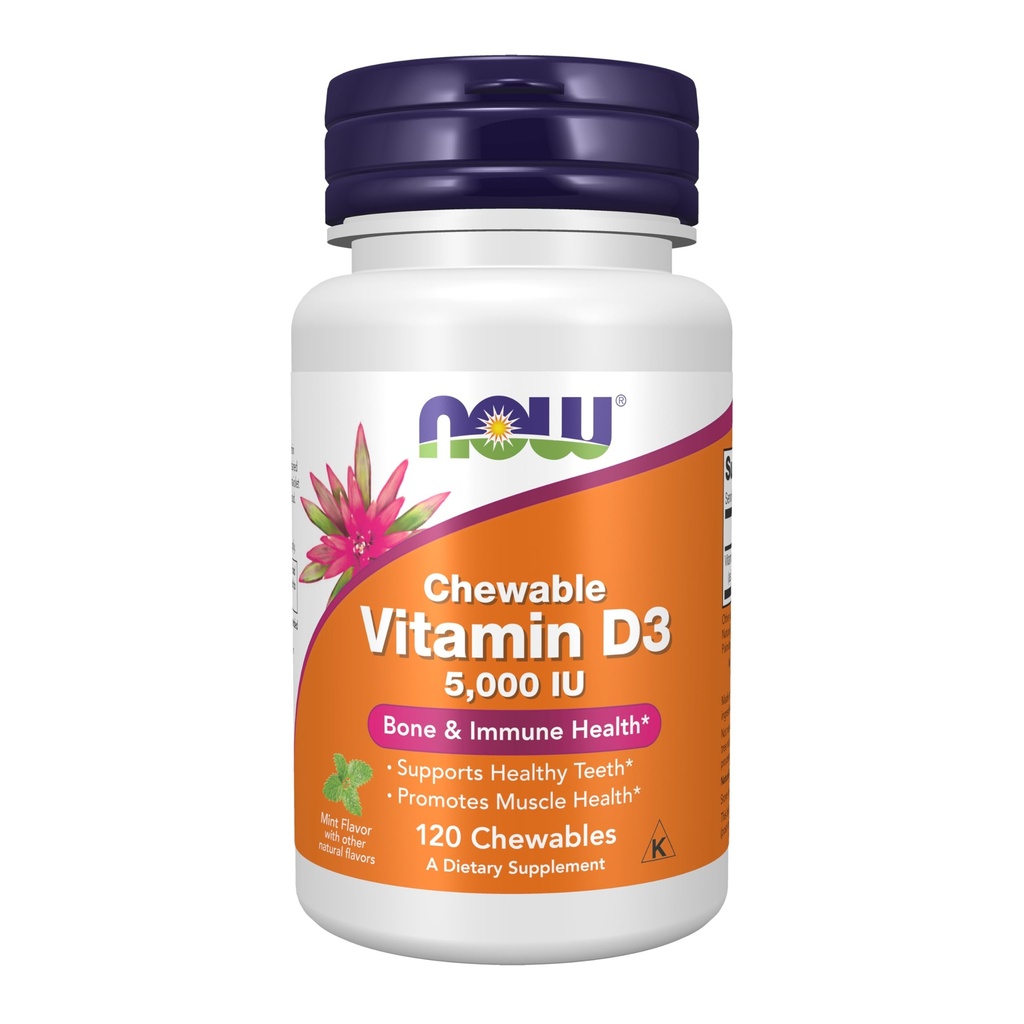 Now Foods Supplements, Vitamina D-3 5.000 UI, Sabor natural de hortelã, Suporte Estrutural*, 120 Mastigáveis