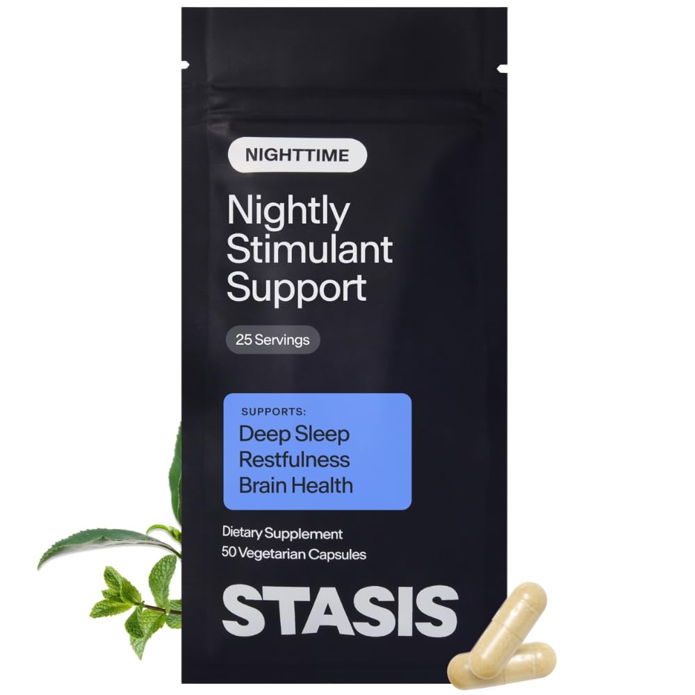 Stasis Nighttime - Cápsulas de calma e sono para emparelhar com Estimulante - Skullcap, Magnolia Bark, Magnésio para Sono e Astaxantina Suplementos para Relaxamento e Apoio ao Humor - 25 Servimentos