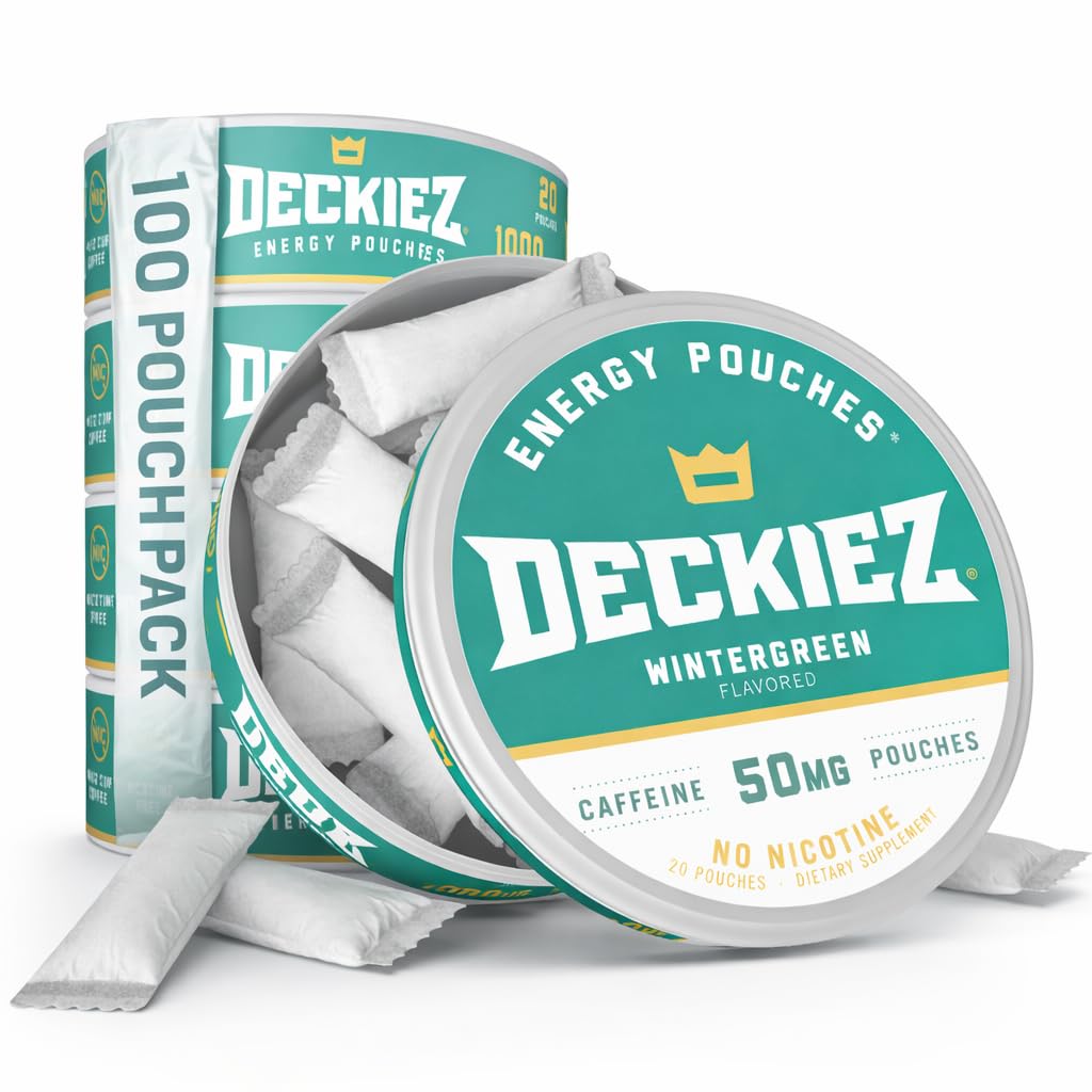 Deckiez Energy Pouches, 5 Latas (100 Pouches), Suplemento de cafeína sem açúcar, Café Pouches & Energia Bebida Alternativa, 50mg Caffeine Pouches, Flavor Wintergreen