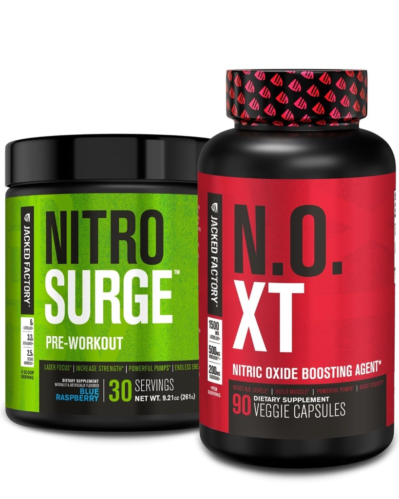 Fábrica Jacked Nitrosurge Pré-treino em Blue Raspberry & N.O. XT Nitric Oxide Booster para homens e mulheres