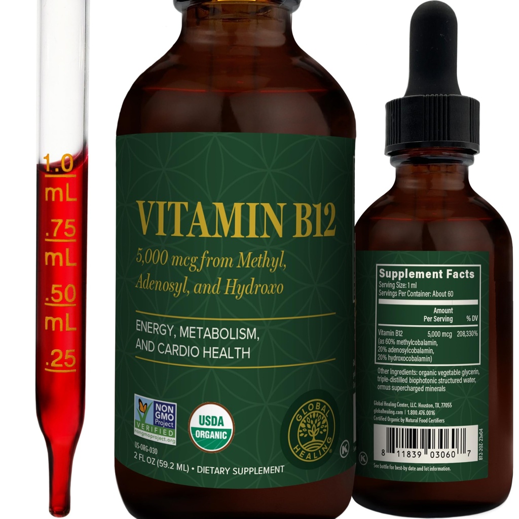 Cura global - Vitamina B12 5000 MCG líquido sublingual - metilcobalamina, mistura de hidroxo e mais - gotas metiladas para adultos - Vegan, Não-GMO, VIT B12, Suplemento de vitaminas (2 Oz)