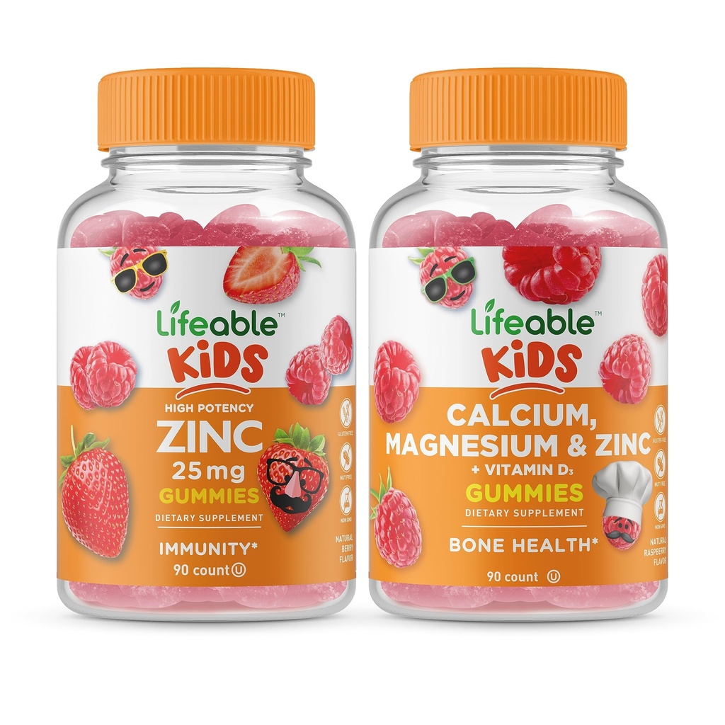 Zinco vivo 25mg Crianças + Magnésio de cálcio & Zinco Crianças, Gummies Bundle - Grande degustação, Suplemento Vitamina, Sem glúten, GMO Livre, Gummy mastigável