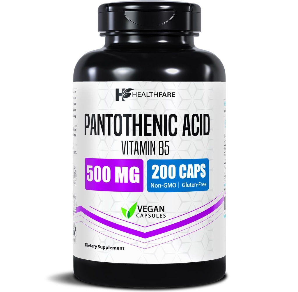 Healthfare ácido pantotênico 500mg vitamina B5 Suplemento 200 Vegan Cápsulas □ Força extra de energia & Metabolismo Suporte