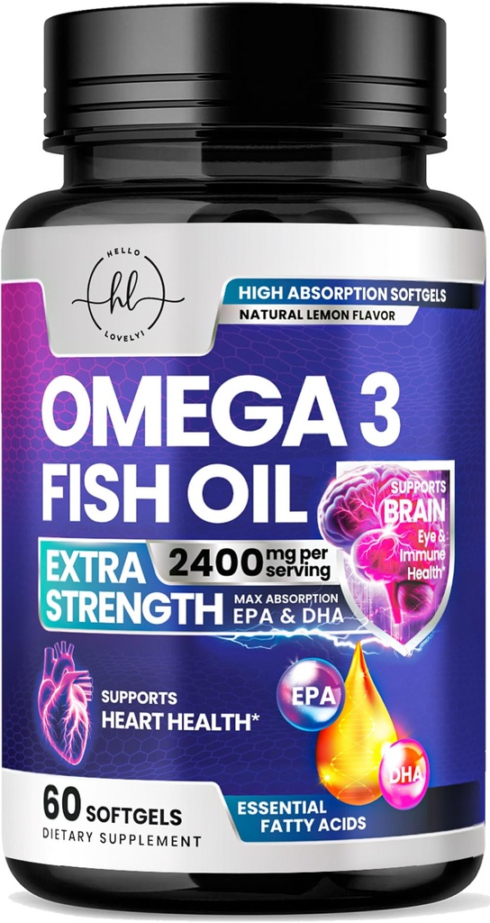 Omega 3 Suplementos de óleo de peixe 2400mg - Triplo Força Ómega 3 Ácidos Gordos, Natural Coração Saúde Cérebro e Apoio Conjunto - Ácidos Gordos com EPA & DHA - Wild Caught Fish Oil Supplement - 60 Softgels