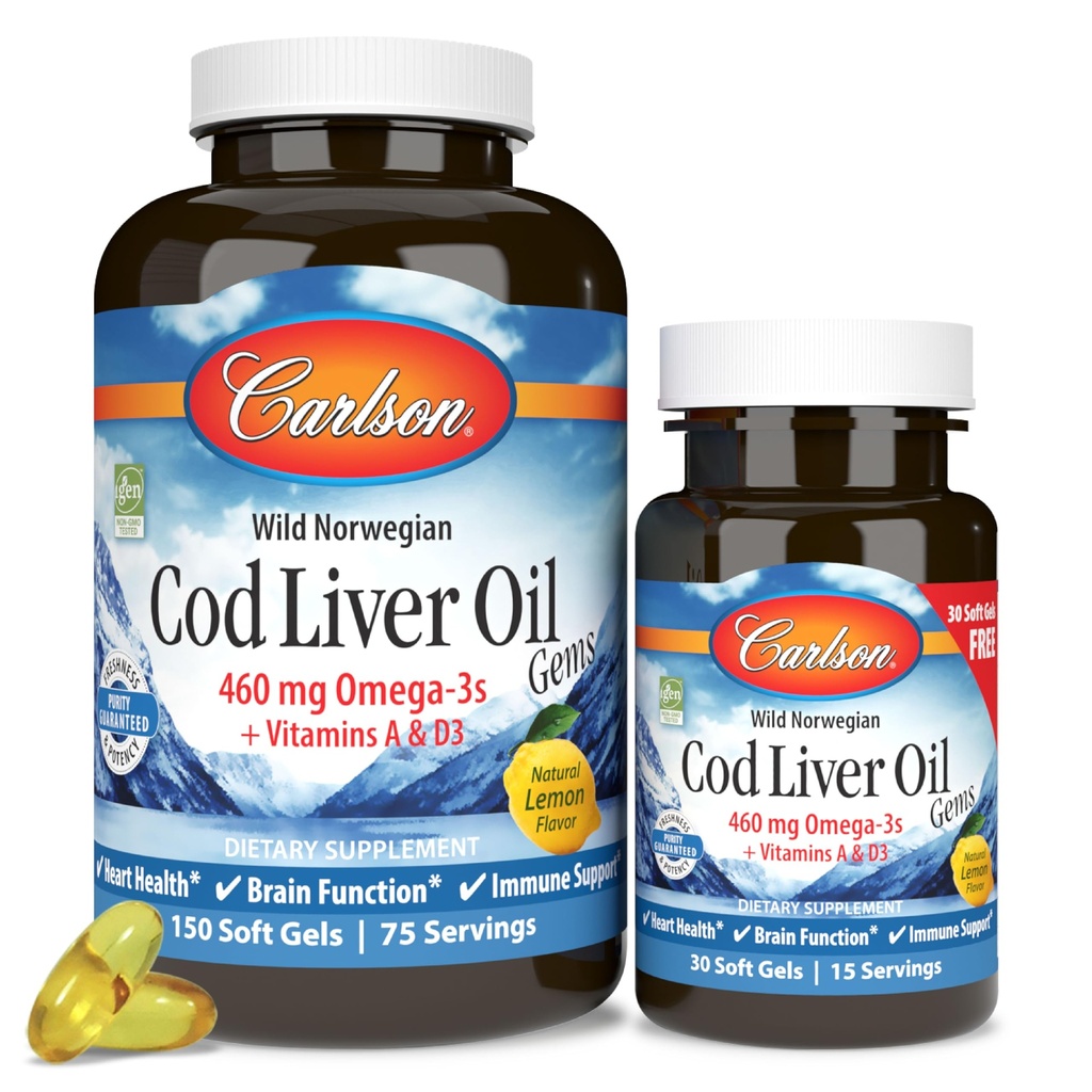 Carlson - Bacalhau Gems óleo de fígado, 460 mg Omega-3s, Plus Vitaminas A e D3, Wild Caught Norueguês Bacalhau Árctico, Sustainablely Sourced Nordic Fish Oil Cápsulas, Limão, 150 + 30 Softgels