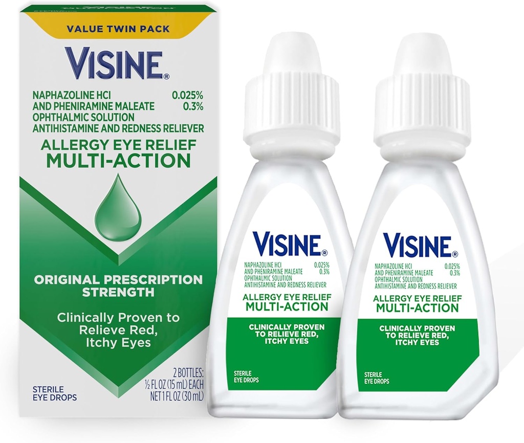Visina Alergia Olho alívio multi- ação anti-histamínico e vermelhidão Reliever colírio gotas com maleato de feniramina e nafazolina HCl, tratamento de gota de olho para vermelho, comichão, Alergia olhos, 0,5 fl. oz, 2 embalagem
