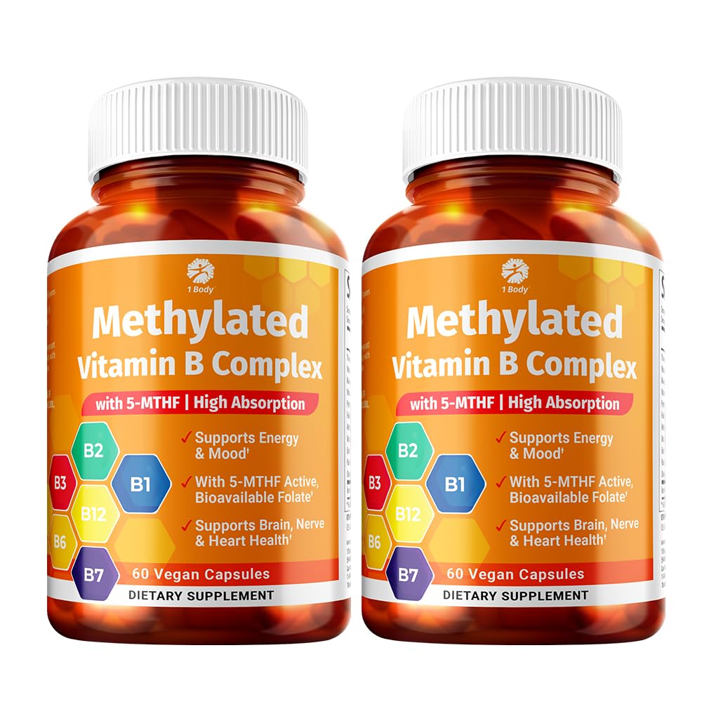 1 Body Vitamina B Complex Twin Pack – Folato 5-MTHF com B1, B2, B5, B6, Metil B12, Niacin, Biotina – 60 Cápsulas Cada