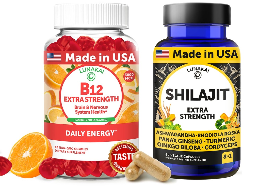 Lunakai EUA Made B12 Gummies & Shilajit Cápsulas Bundle – Força extra Daily Energy & Wellness Support