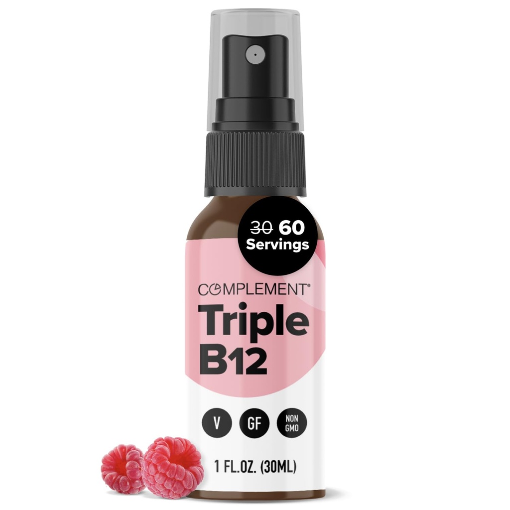 Complemento Vegan Vitamina Triplo B12 Spray Líquido- 1500 mcg Mistura (60 Servings) Framboesa- Absorção Melhorada, Energia, Humor, Sistema Nervoso, Função cognitiva para crianças e adultos