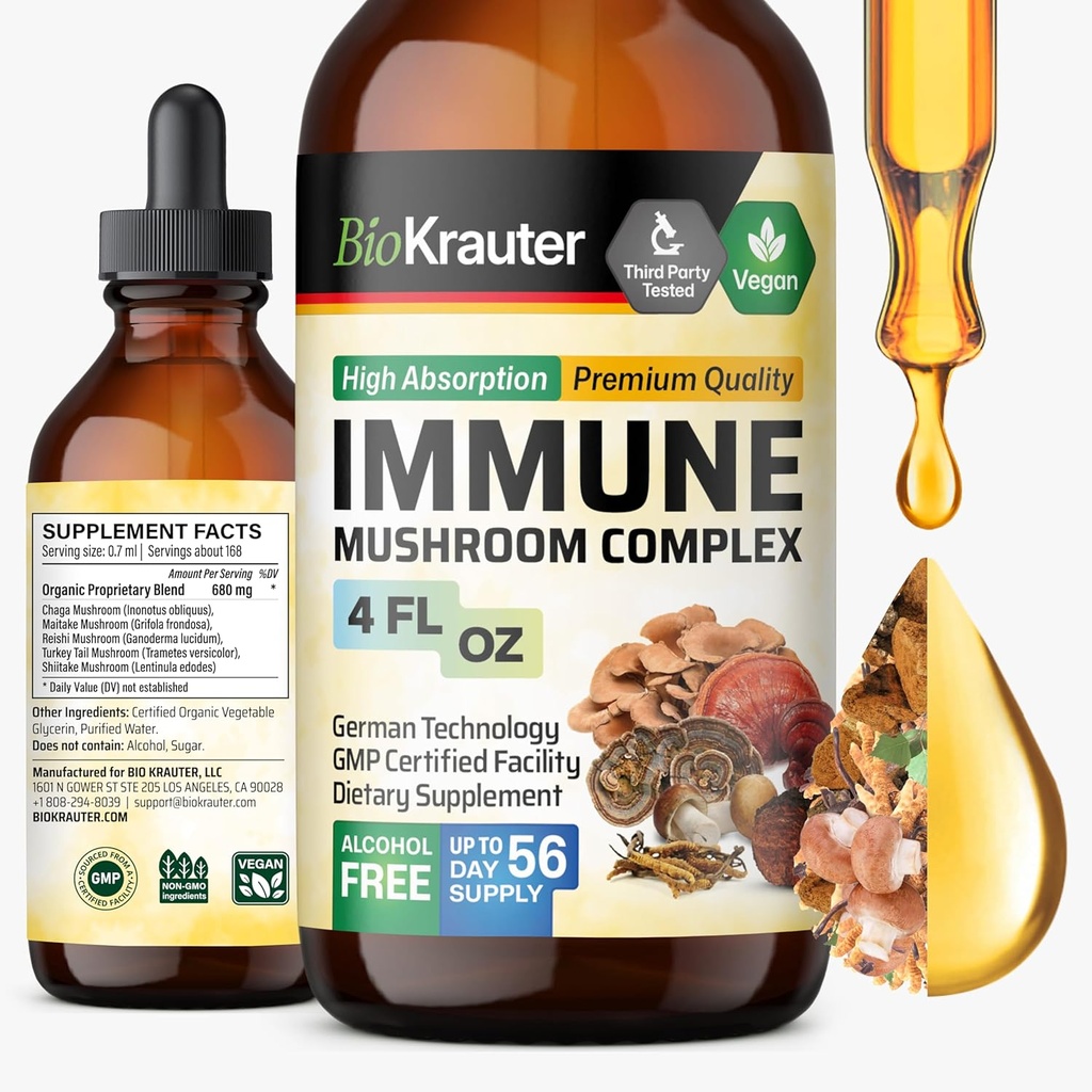 BIO KRAUTER Imune Suporte Suplemento de cogumelos - Leões Mane, Shiitake, Turquia Tail, Reishi, Chaga & Maitake Extrato Líquido - Cogumelo Complexo Tintura - Vegan Drops 4 Fl.Oz.