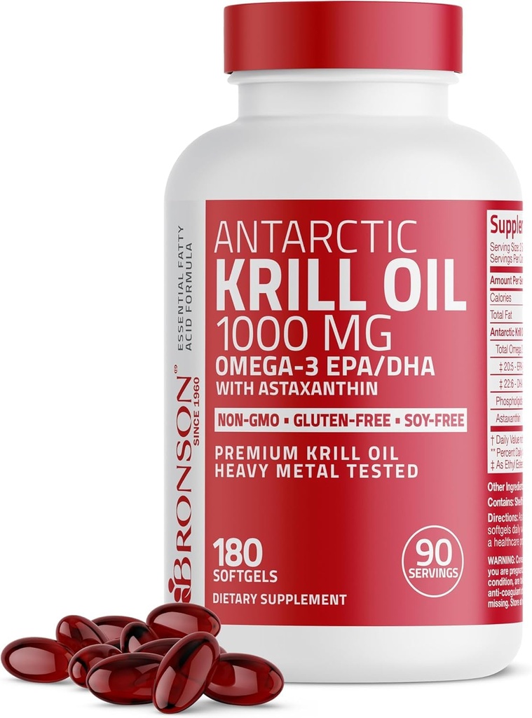 Bronson Antártico Krill Oil 1000 mg com Omega-3s EPA, DHA, Astaxantina e Phospholipids 180 Softgels