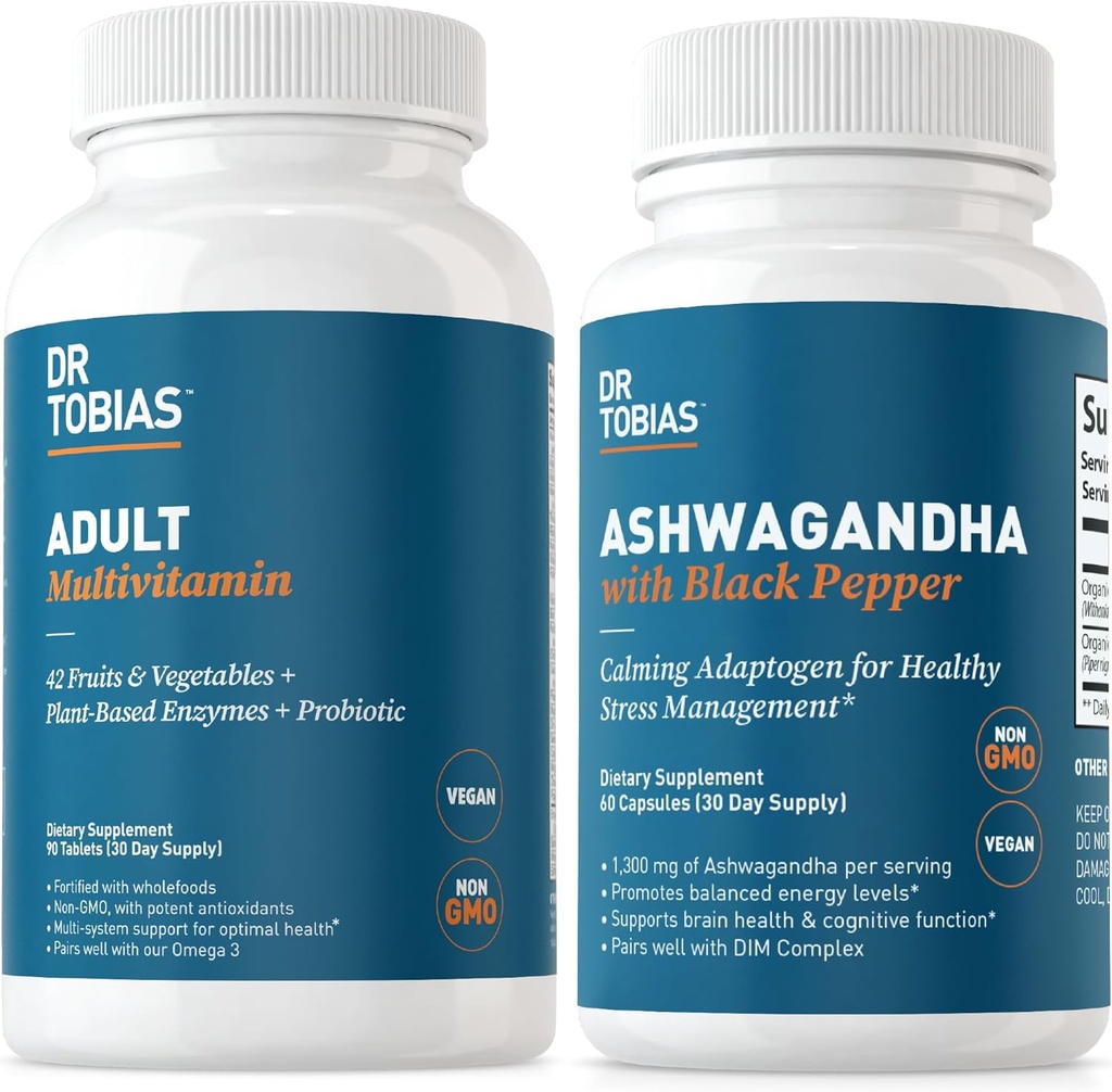 Dr. Tobias Adult Multivitamins e Ashwagandha Cápsulas, Suporte Global bem-estar e energia equilibrada & resiliência, Vegan, Não-GMO