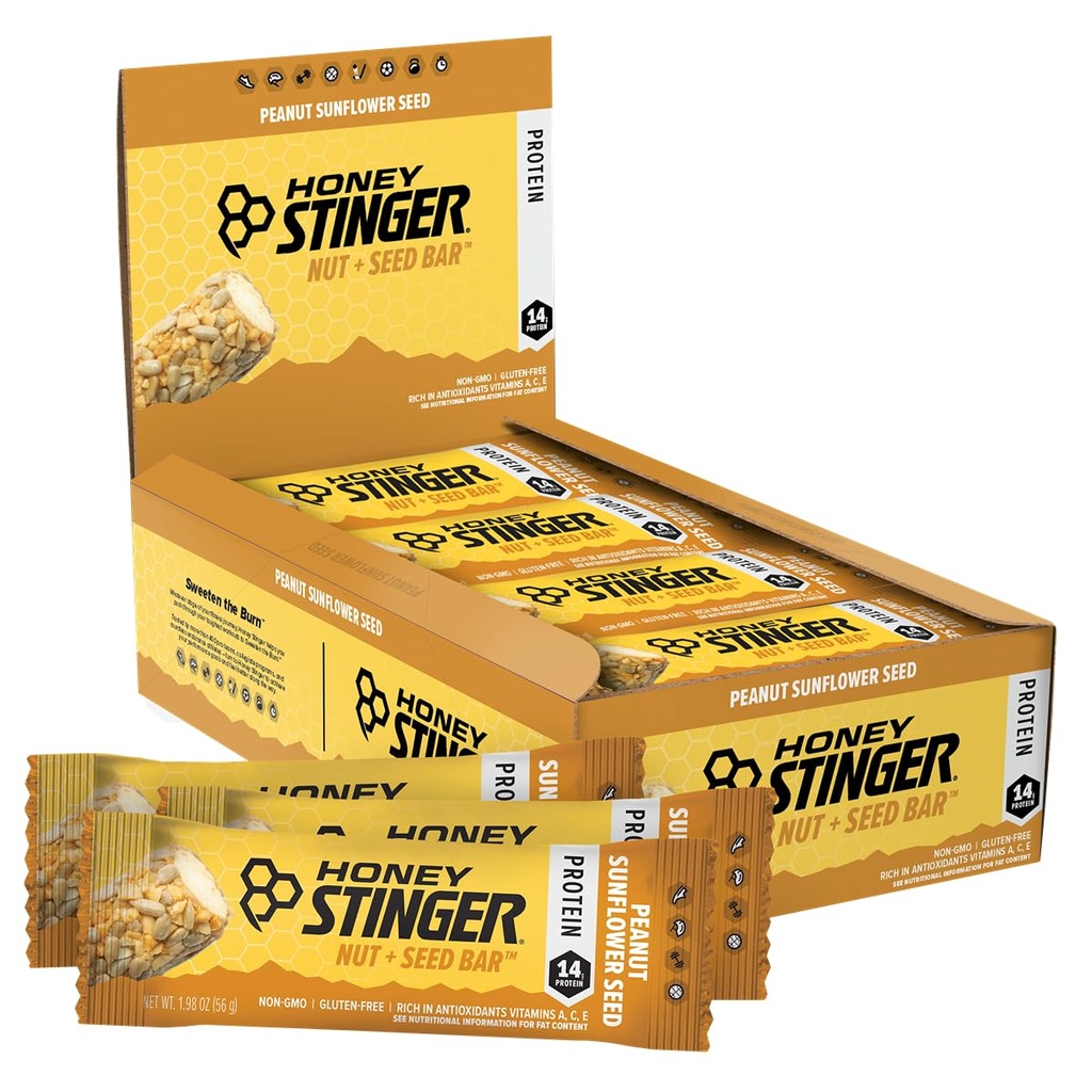Honey Stinger Nut + Seed Bar, Sementes de girassol amendoins, Alimentos embalados de proteína para exercício, resistência, desempenho e recuperação, Sports Nutrition Snack Bar para casa e ginásio, Pós-treino, Caixa de 12