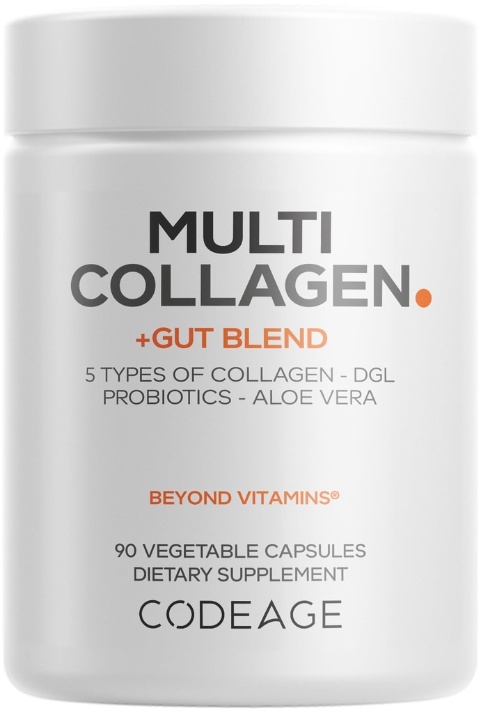 Codeage Multi Colágen + Gut Blend Supplement - Probióticos Digestivos, Alcaçuz DGL, Aloe Vera, Folha de hortelã orgânica, Elm Slippery - Comprimidos de Colágeno Bovinos Hidrolisados - Não-GMO - 90 Cápsulas