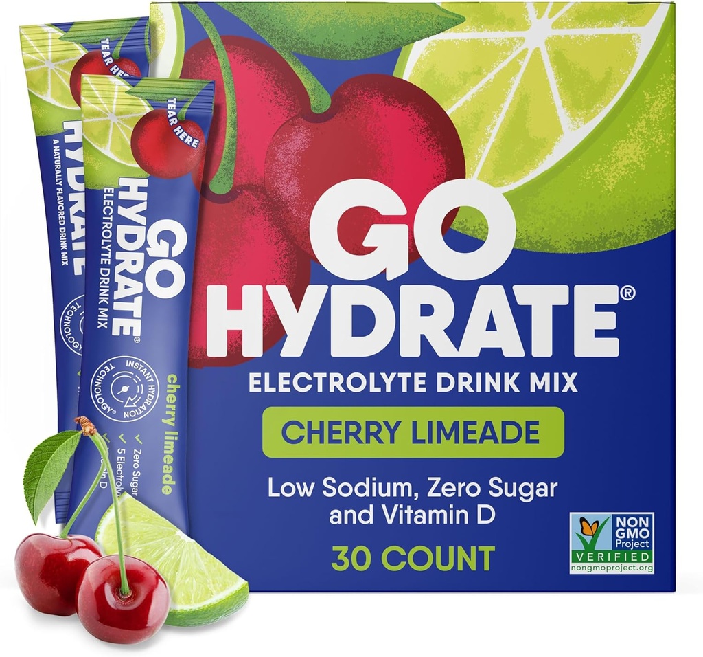 GoHydrate Eletrólitos de sódio baixos em pó Pacotes de açúcar grátis - Mistura de bebida diária de hidratação instantânea - Zero açúcar sabor de água Packet singles com vitamina D - (Limeada de cereja, 30 embalagens)