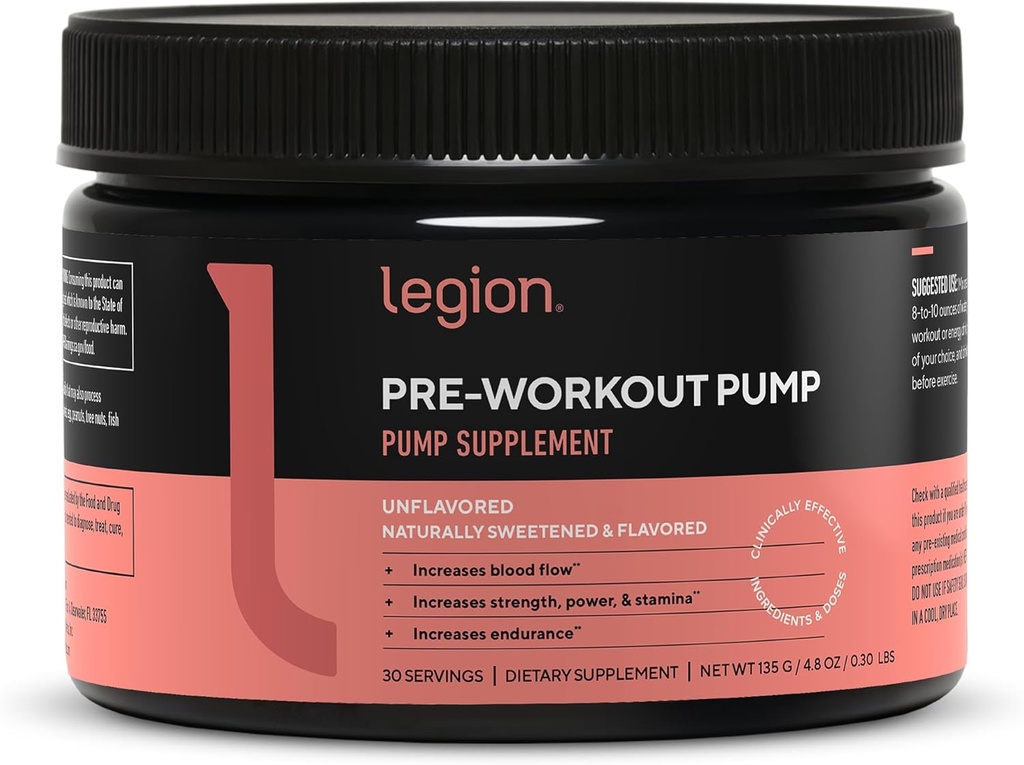 LEGION Bomba de pré-treino - suplemento de arginina aumenta a produção de óxido nítrico - impulsionador de óxido nítrico ajuda a aumentar a força e resistência, promove a eficiência muscular aumentada (desflavorado, 30 Servings)