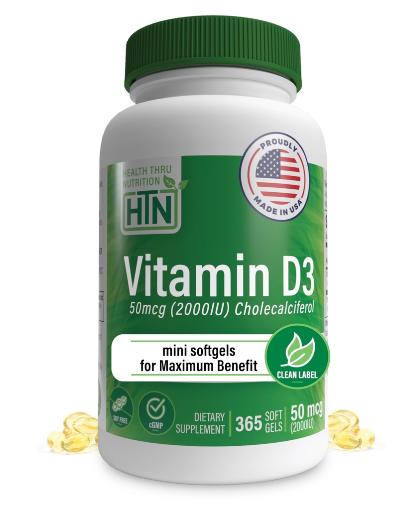 Saúde Thru Nutrition Vitamina D3 2000iu 365 Mini Softgels para Benefícios Máximas Fornecimento de Um Ano Ou 50mcg Colecalciferol 3rd Party Testado Grade em EVOO - Apoio à Saúde Imune