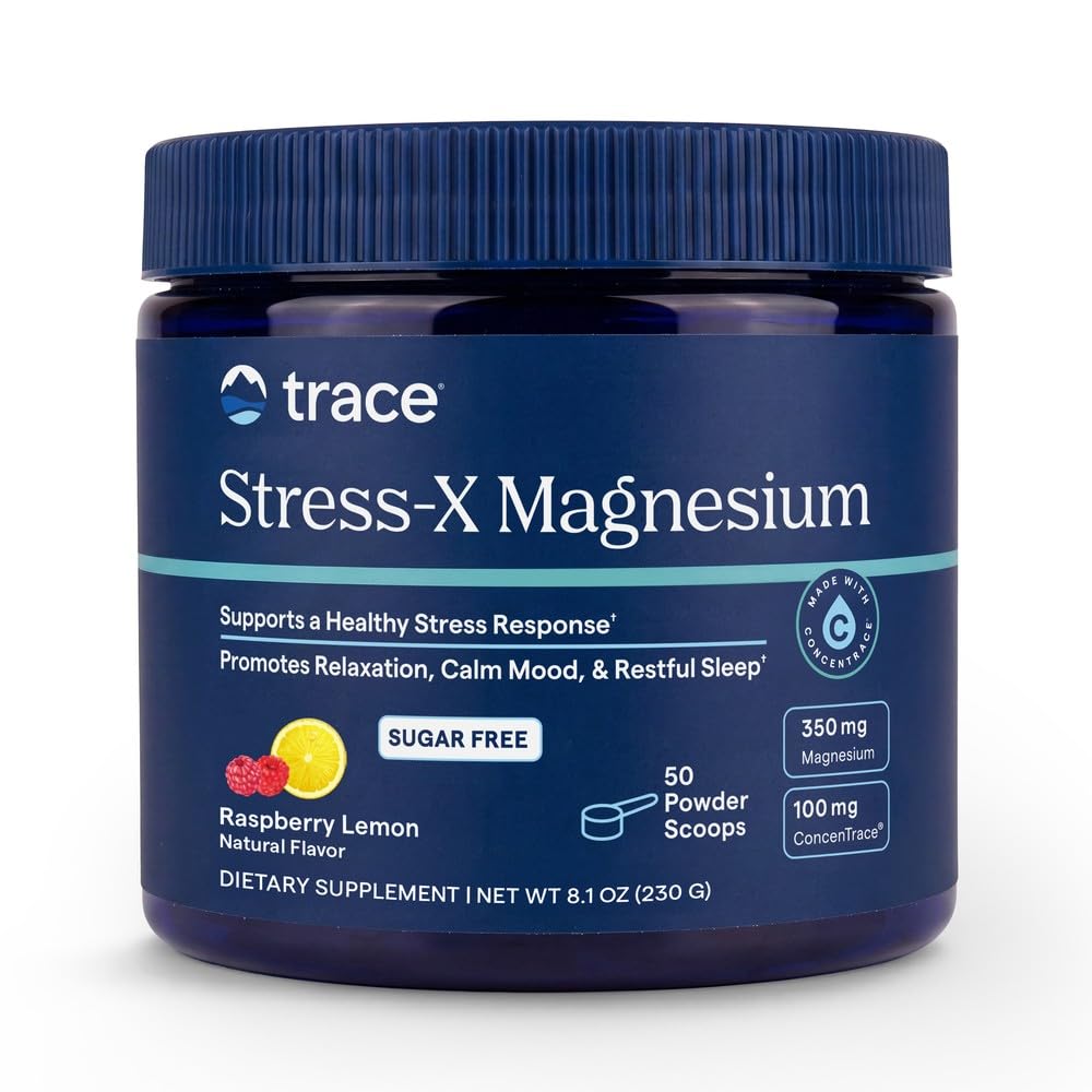 Trace Minerals □ Stress-X Magnésio em pó, alívio de estresse, regularidade, relaxar, sono, energia, relaxa músculos, função celular □ Não-GMO, Glúten livre, e certificado Vegan □ Framboesa limão flavor:8.5 oz