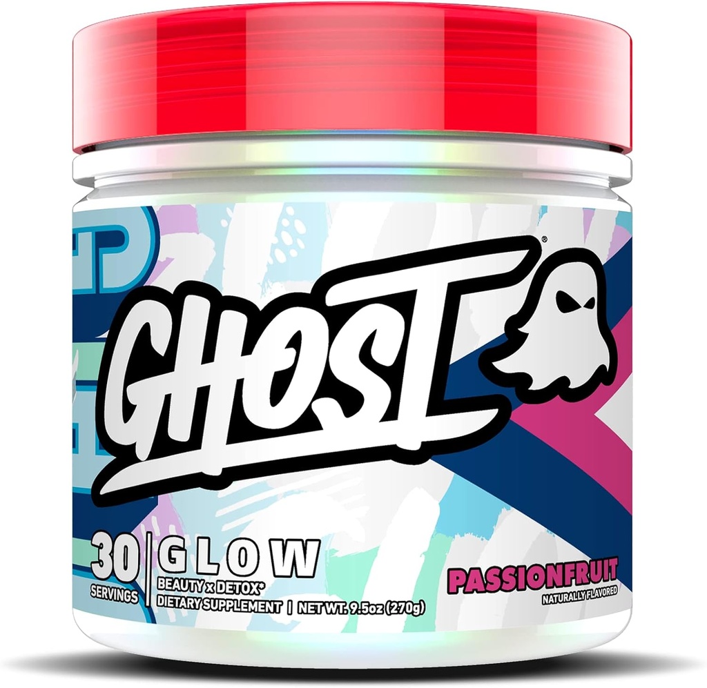 GHOST Glow: Beleza e Detox Suporte Fórmula - 30 Servos, Maracujá - Biotina de aumento da pele e L-Teanina para antioxidantes para a hidratação, Radiância, Complexão & Nutrição - Vegan, Sem glúten