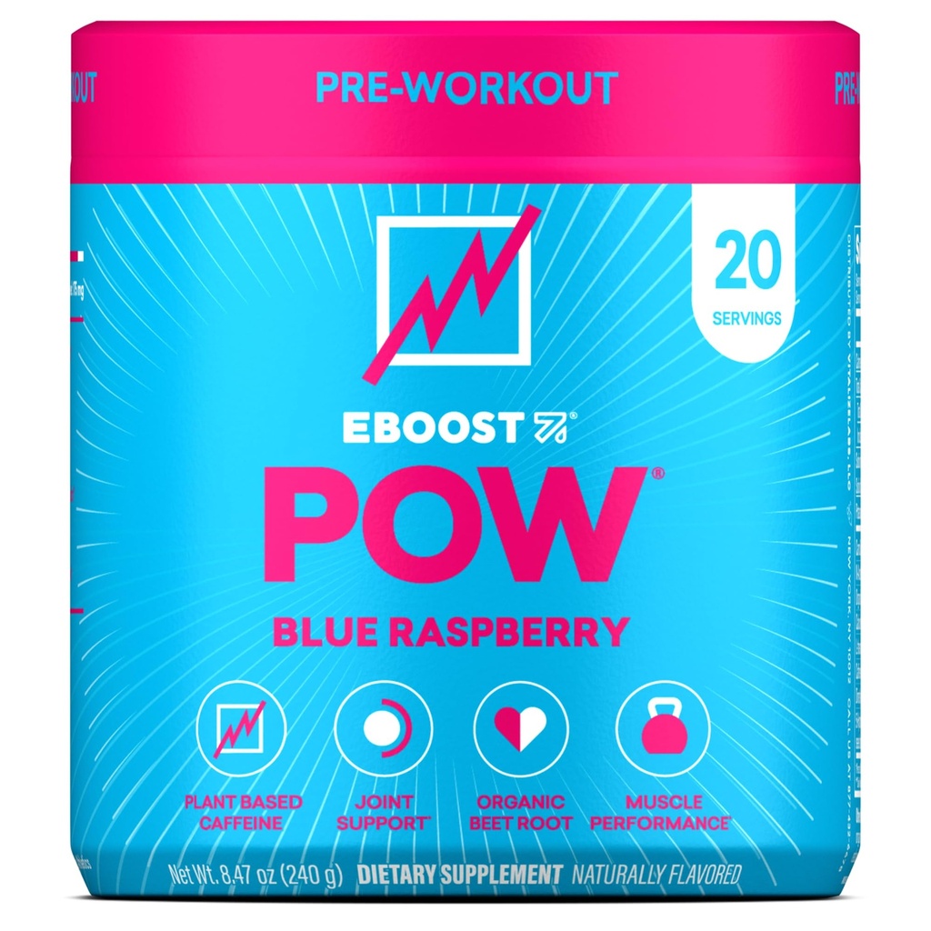 EBOOST POW Natural pré-treino em pó – 20 Servings - Framboesa Azul - Um suplemento pré-treino para desempenho, apoio à mobilidade conjunta, energia - homens e mulheres - não-GMO, sem glúten, sem creatina