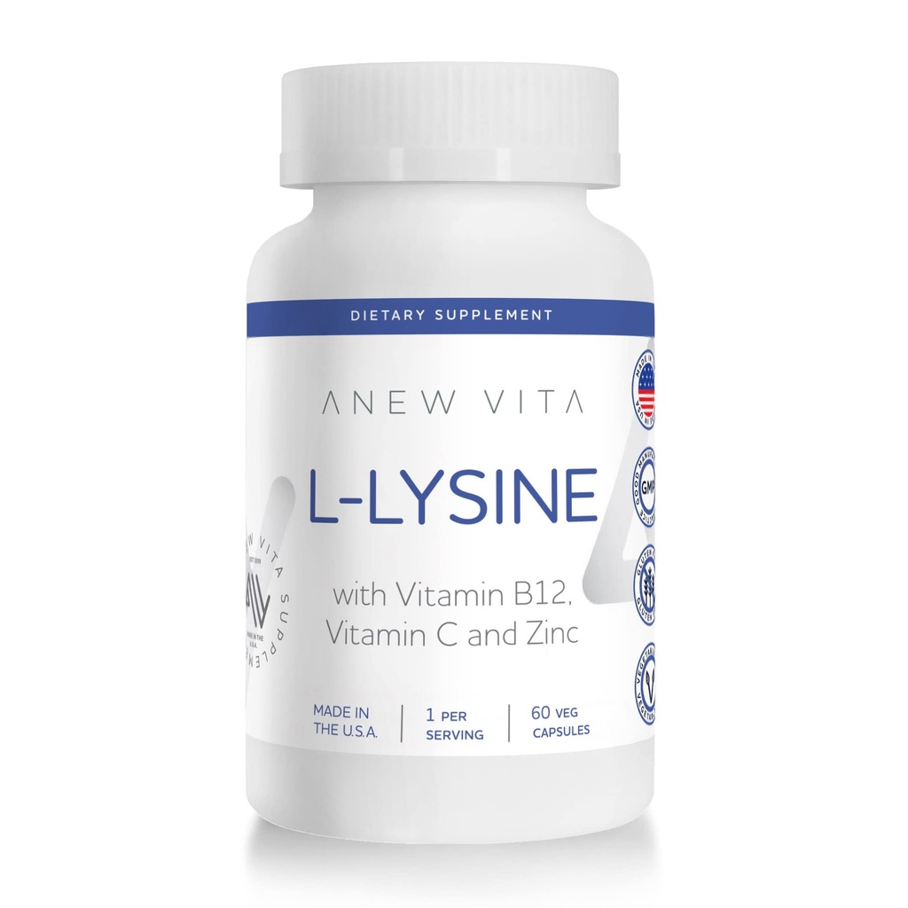 L-Lysine Suplemento com vitamina B12 + C + Zinco para a saúde do lábio, boca e tecido oral - Melhor suporte de bem-estar - Não-GMO, sem glúten - Made in USA - 60 Cápsulas Vegetais, 500mg