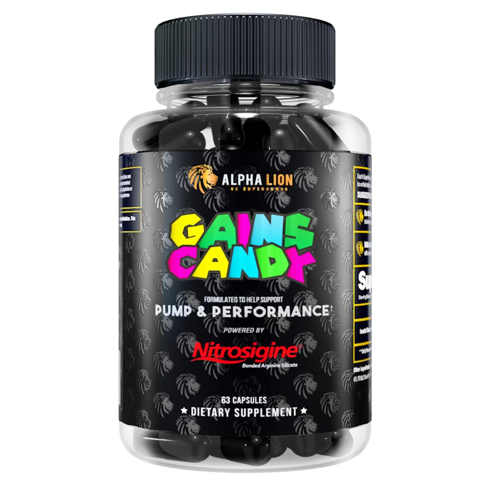 ALPHA LION ganha doces, pílulas de suplemento para bomba muscular e fluxo de sangue, impulsionador de óxido nítrico, suporta foco mental, usar diariamente para atualizar o desempenho do treino, 63 cápsulas (Nitrosigina)