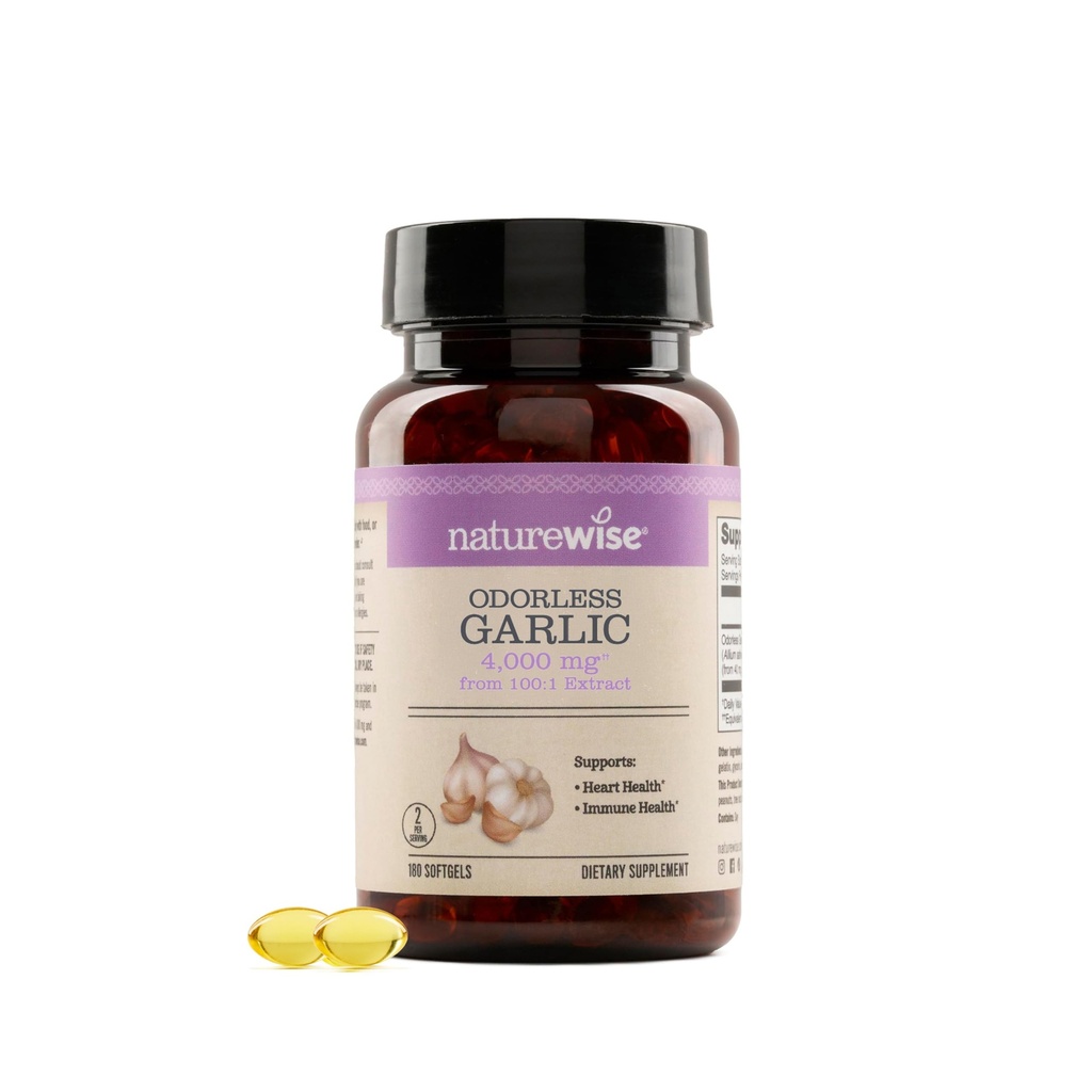 NatureWise Odorless Alho Suplemento 4000mg - Ultra Potente 100:1 Extrato - Fórmula Colesterol Saudável, Apoio à Saúde do Coração - Não-GMO, Sem Glúten, com Halal Gelatin - 180 Contagem[90-Dia de Abastecimento]