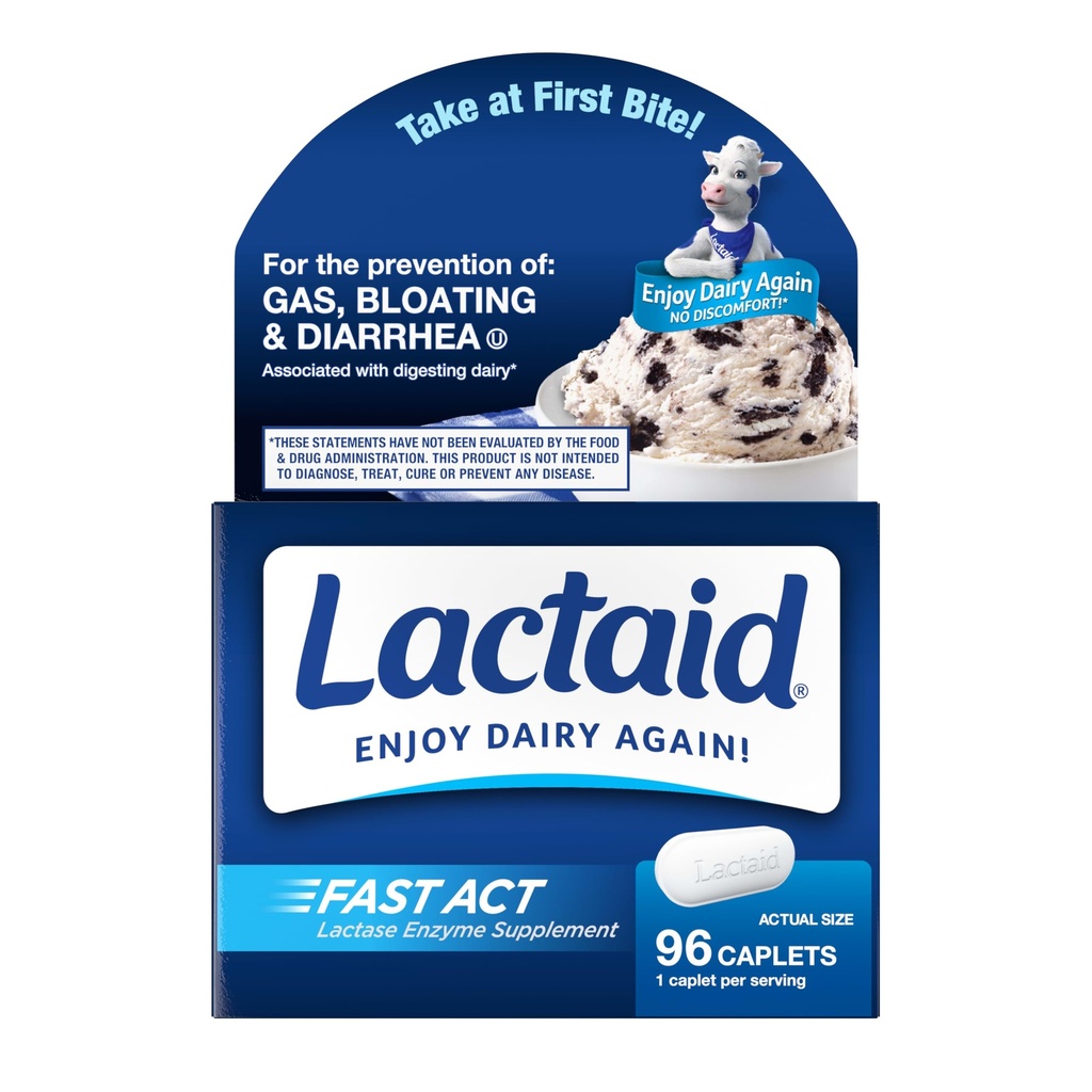 Lactaid Fast Act Lactose Intolerância Caplets com Lactase Enzyme, Dairy Alívio de Gás, Bloating & Diarrhea, 9000 FCC Intolerância Intolerância de Lactose, 96 Pacotes de Viagens Individuais (96 x 1 ct)