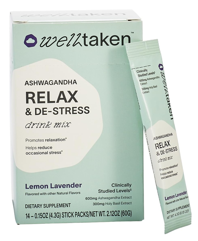 Ashwagandha Relaxar & De-Stress Pó - Lemon Lavanda 14ct Box - 600mg Ashwagandha, 200mg L-Teanina, Holy Basil – Suporta estresse, Relaxação – Vegan, Sem Açúcar Adicionado - 14 Servings