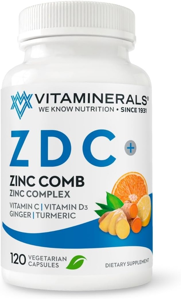 Vitaminerals® Z D C, Zinc Complex 50mg – Vitamin D3 250mcg – Vitamin C 500mg – Ginger – Lisina – Cápsulas vegetarianas – 120 Servings