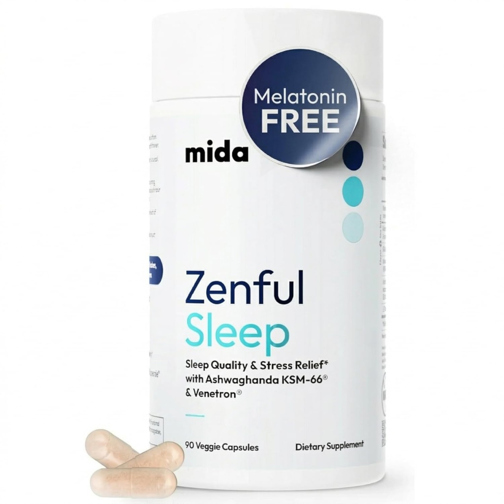 Mida Health® Zenful Sleep 6-in-1 Ajuda natural ao sono para adultos sem melatonina (Suplemento de sono profundo com Ashwagandha KSM-66® e Venetron®)