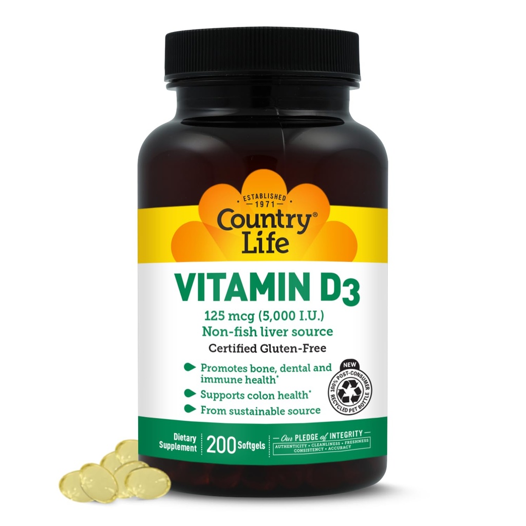 País Vida Vitamina D3 5000 UI para Saúde Imune e Óssea, Absorção de Cálcio e Saúde de Colón - Fonte Sustentável de Lanolin, Disponível em várias forças