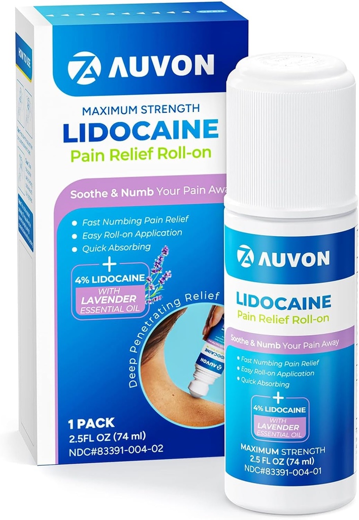 AUVON Lidocaína Roll-On com Óleo Essencial, Sem Aplicador de Mess, Lidocaína Max Força, Absorção Rápida para Numb & Sofothe Pain Alief para Joelhos, Ombros, FSA/HSA Elegível, Lavanda, 2,5 OZ, 1 embalagem