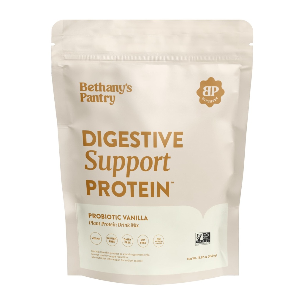 Nuzest Bethany da despensa Digestive Support Protein - Probióticos para a saúde digestiva - Clean Lean Protein - Premium Vegan Pea Protein Powder - Planta com base - 20 Servings, 1 Libra (Pacote de 1) - Baunilha