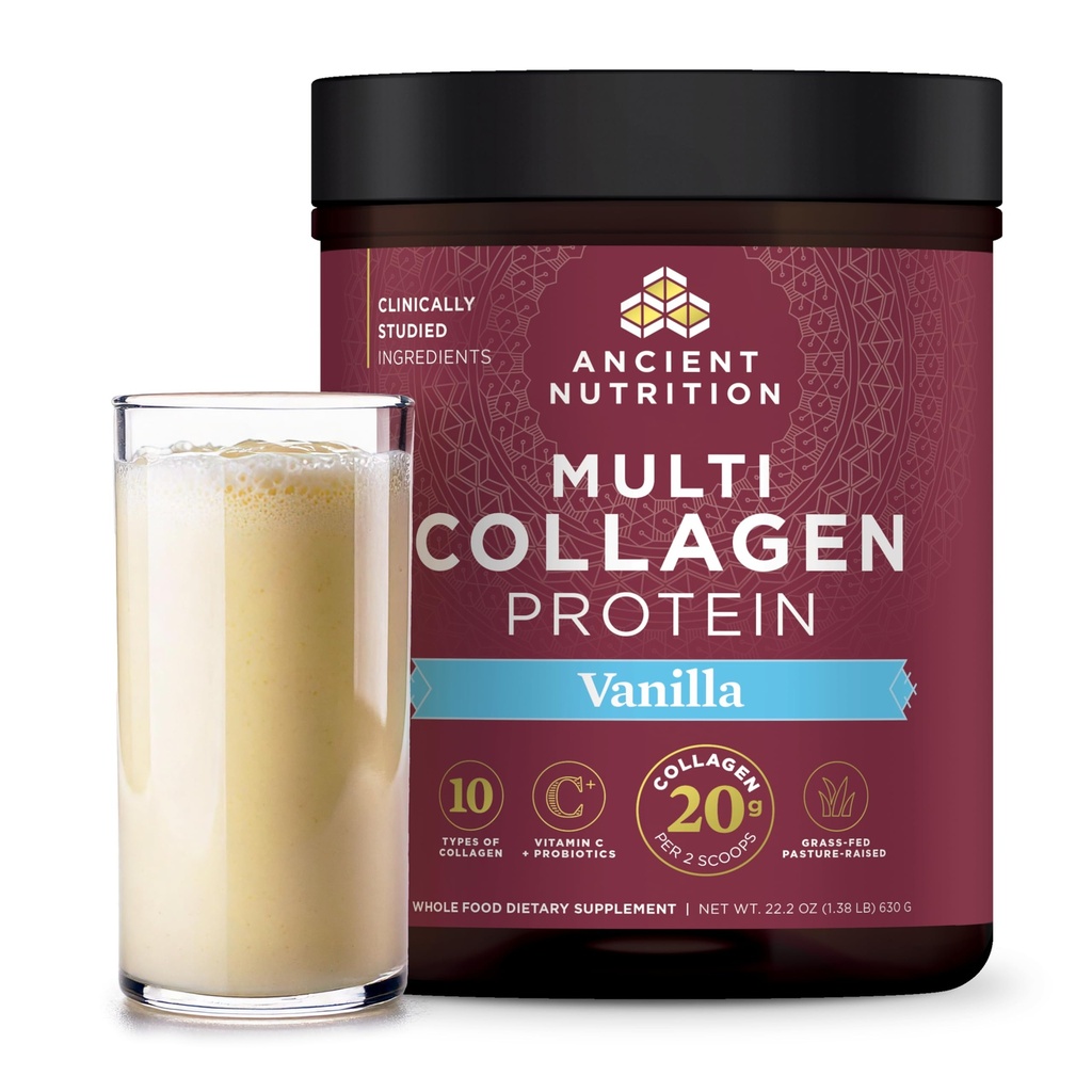 Nutrição antiga Colágeno Peptídeos Pó, Proteína de Colágeno Multi, Mulheres e Homens, Vitamina C, Probióticos, Colágeno Hidrolisado, Suporta a pele, Joints, Gut Health, Vanilla, 60 Servings