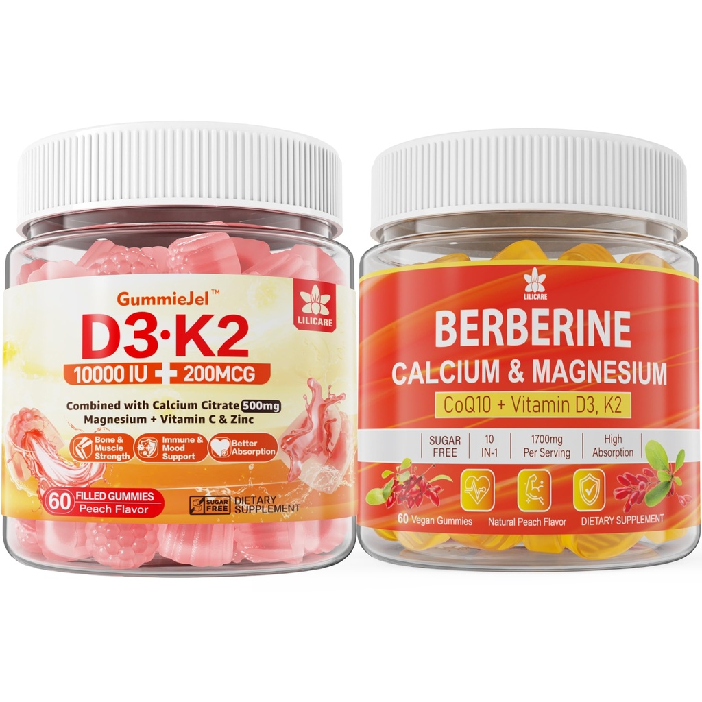 Pastilhas de vitamina D3 K2 sem açúcar com cálcio, citrato de magnésio, pastilhas de vitamina C + Berberine Supplement, com berberina lipossomal e berberina HCI, cálcio, magnésio