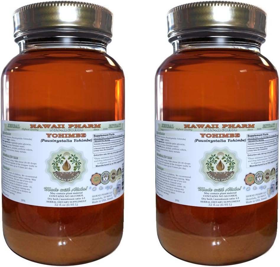 Yohimbe Alcohol-Free Liquid Extract, Yohimbe Liquid (Pausinystalia Yohimbe) Dried Bark Glicerite Natural Herbal Supplement, Hawaii Pharm, USA 2x32 fl.oz