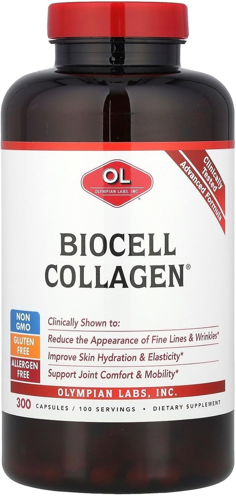 Olympian Labs Biocell Collagen II 1500mg Suplemento Cápsulas Não-GMO, Gluten-Free, Allergan-Free - Suporta pele e saúde conjunta e cartilagem Produzindo Células - Bulk 300 Cápsulas (Suprimento de 100 dias)
