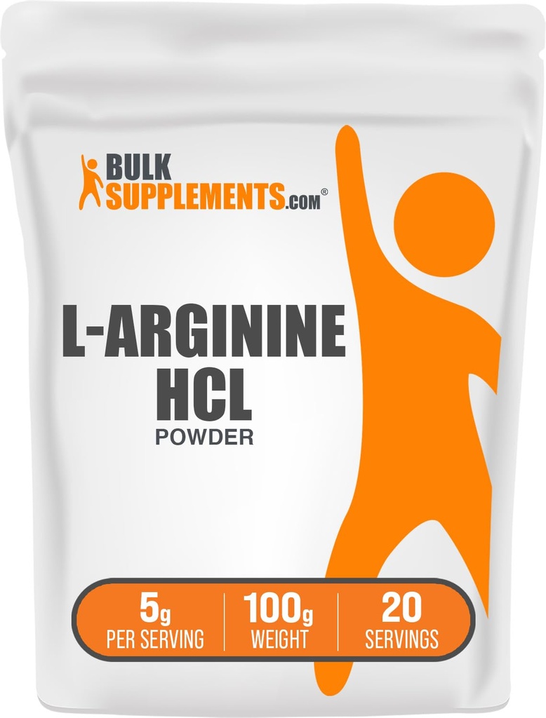 BulkSupplements.com L-Arginina HCl Pó - Suplemento de óxido nítrico, pó de arginina - sem sabor e sem glúten, 5g por serviço, 100g (3,5 oz) (Pacote de 1)