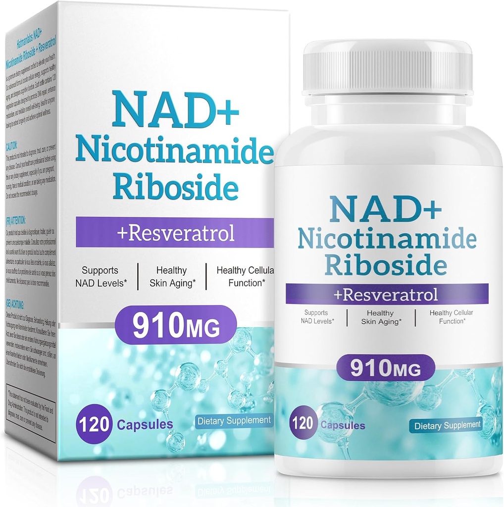 Suplemento NAD para homens e mulheres - Nicotinamida lipossómica Riboside, Quercetina, NAD+ Suplemento com Resveratrol 910mg - Suporta Músculo, Cérebro, Energia, 120 cápsulas